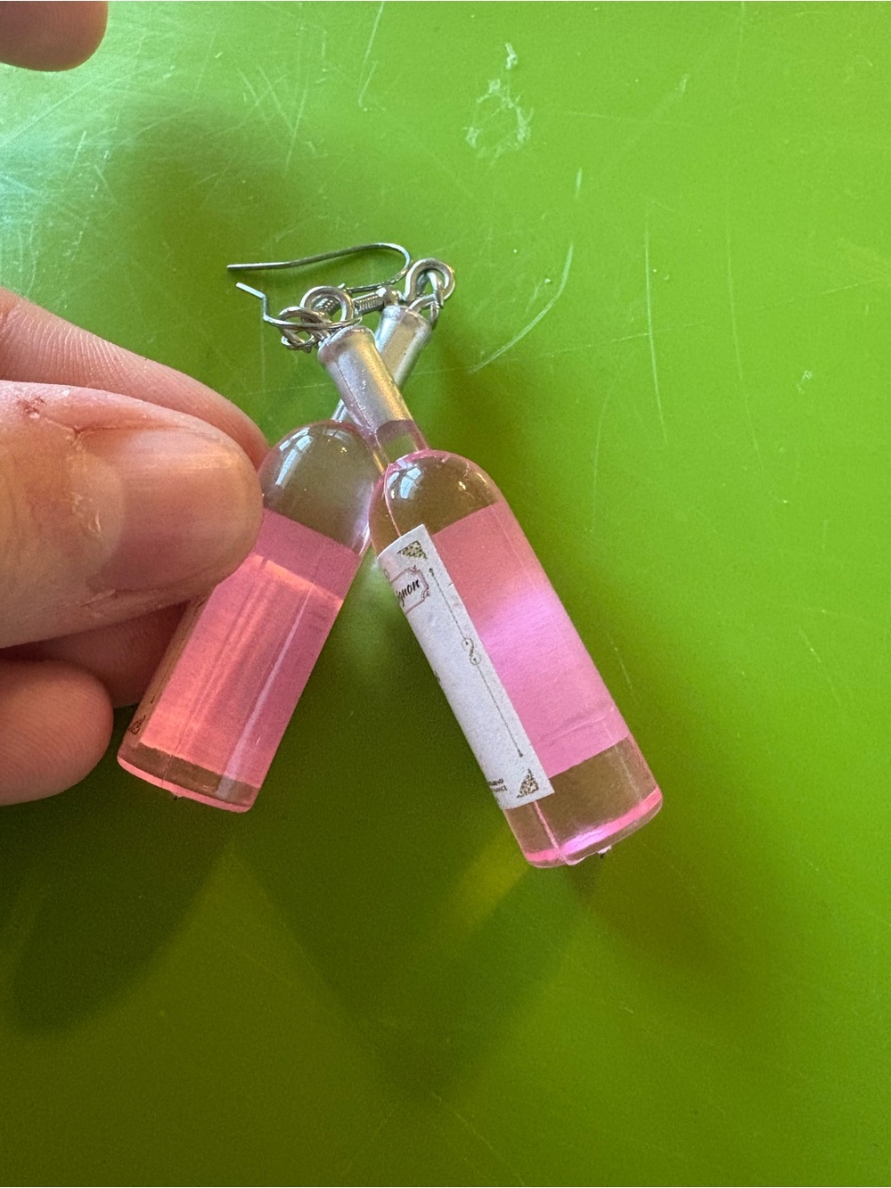 Pink Bottle Dangle Earrings - Novelty Wine Bottle Design
